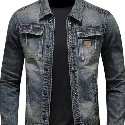 Vintage Washed Denim Jacket with Lapel Collar