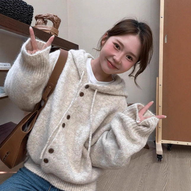 Hooded Knitted Cardigan Women Loose Sweater