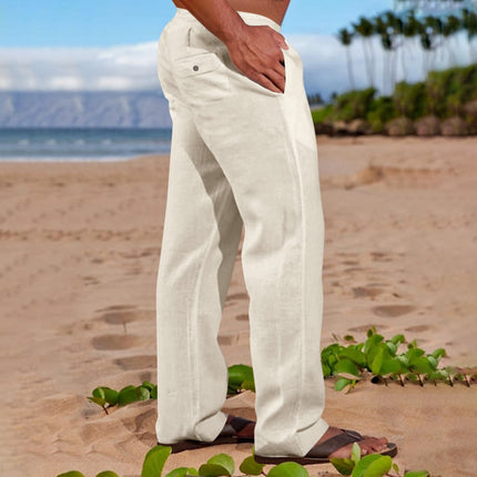 Mens Linen Cotton Drawstring Waist Casual Trousers