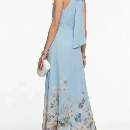 Sleeveless Tie Floral Print Elegant Maxi A-Line Dress