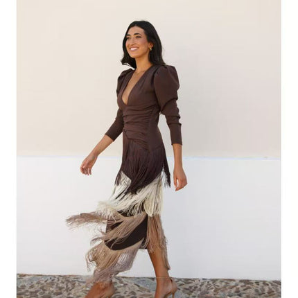 Deep V Neck Tassel Slim Long Dress