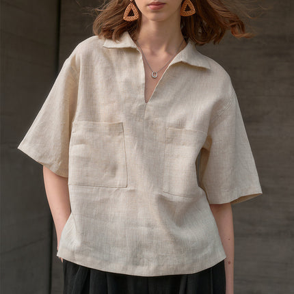 Linen V-Neck Loose Short Sleeve Womens Shirt