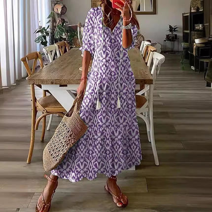Womens V-Neck Printed Lantern Sleeve Dress