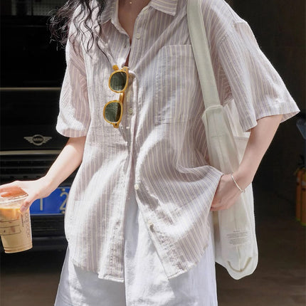 Blue White Striped Cotton Linen Short Sleeve Shirt