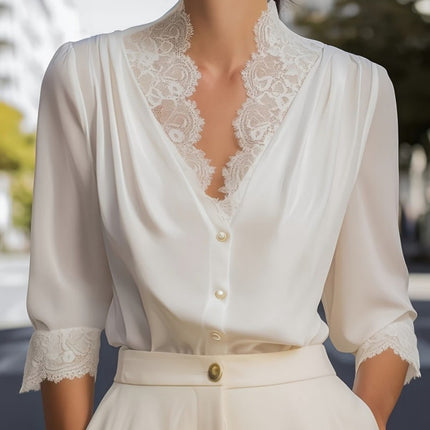 Womens Lace Splicing Three-Quarter Sleeve Blouse Shirt