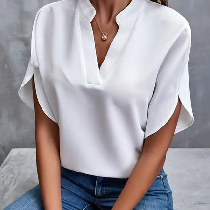 Women's Casual Solid Color V-Neck Loose Short Sleeve Blouse Summer Shirt Top