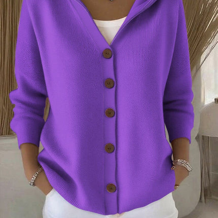 Women's buttoned knitted hooded cardigan