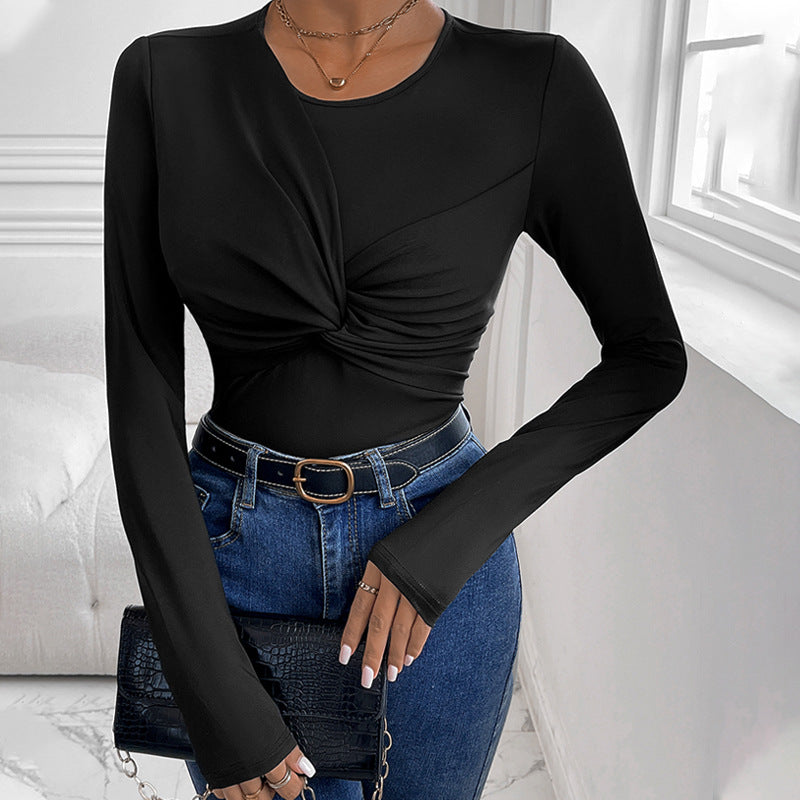 Womens Solid Color Minimalism Black Twist-Collar Bodysuit