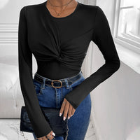 Womens Solid Color Minimalism Black Twist-Collar Bodysuit