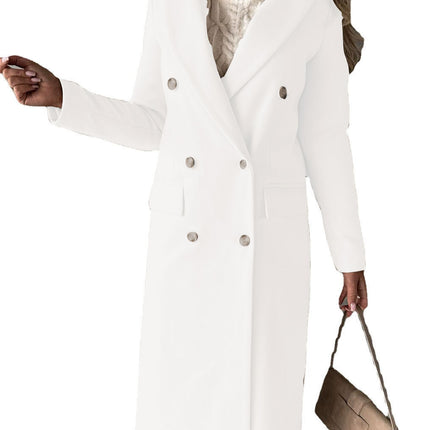 Womens Double-Breasted Wool Blend Coat with Pockets