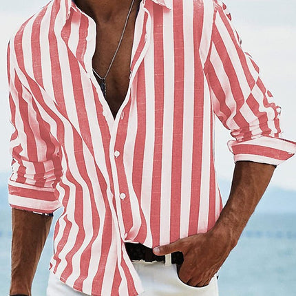 Mens Casual Long Sleeve Striped Loose Fit Shirt