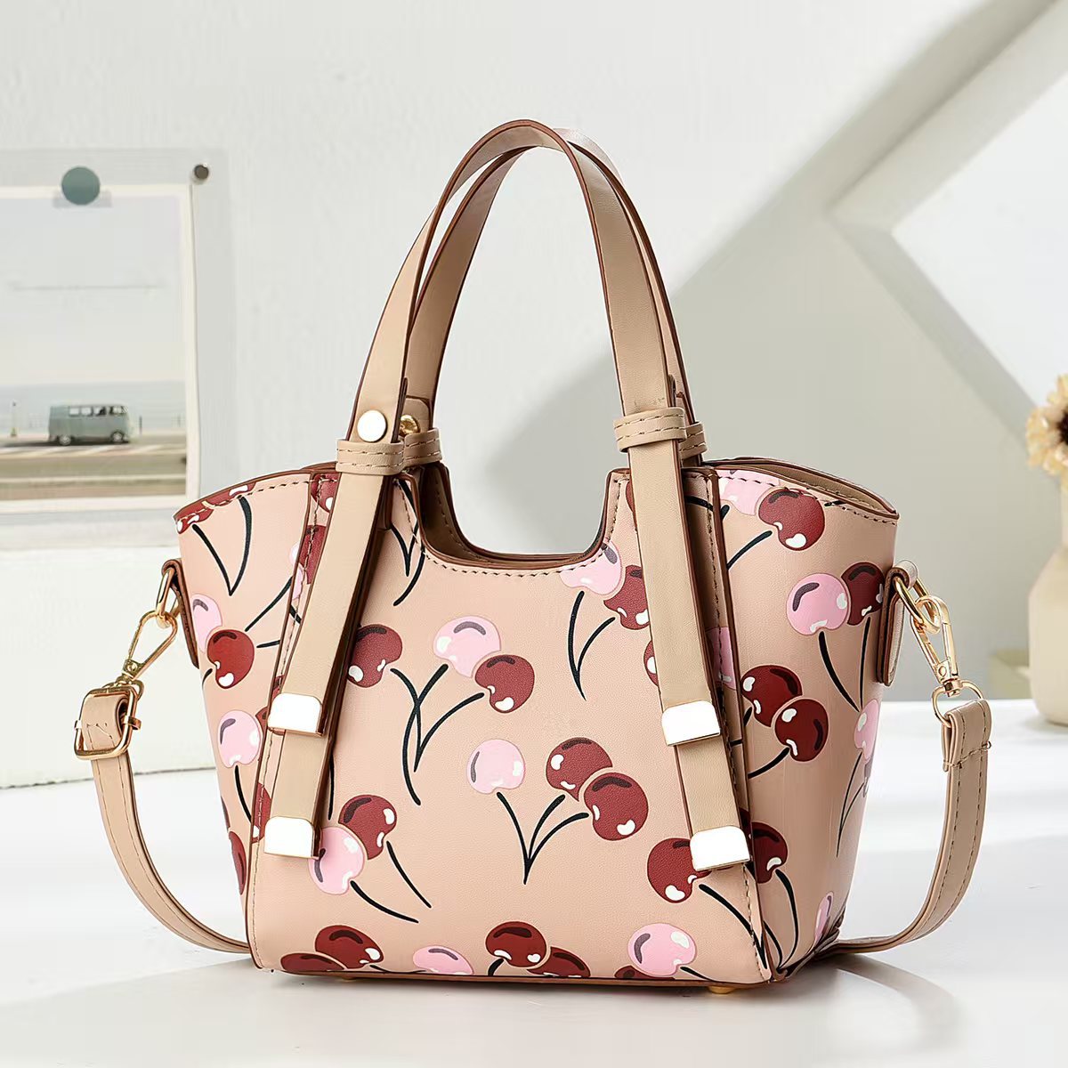 حقيبة نسائية كلاسيكية متعددة الاستخدامات، سلة خضراوات بنقشة الكرز، حقيبة يد