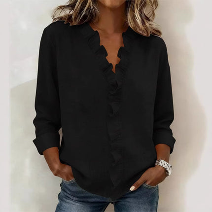 Womens Ruffled Long Sleeve Cotton Shirt
