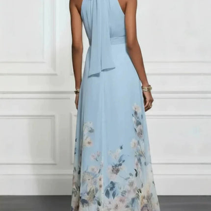 Sleeveless Tie Floral Print Elegant Maxi A-Line Dress