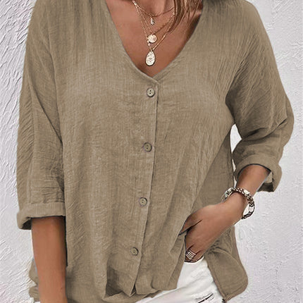 Womens V-Neck Loose Fit Short Sleeve Blouse