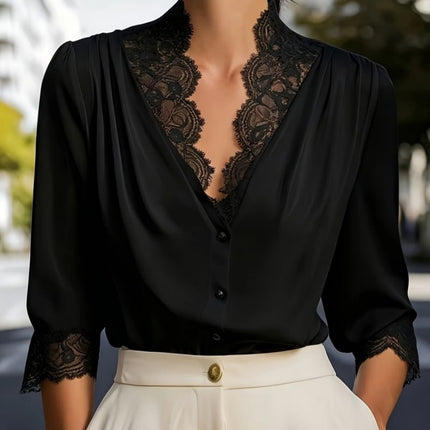 Womens Lace Splicing Three-Quarter Sleeve Blouse Shirt