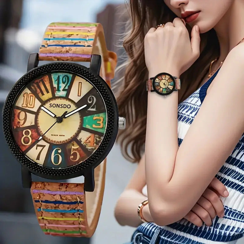 Retro Wood Grain Dial Leather Strap Women's Watch