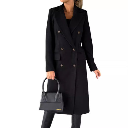 Womens Double-Breasted Wool Blend Coat with Pockets