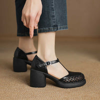 Round Head Thick Bottom Chunky Heel T-strap High Heels