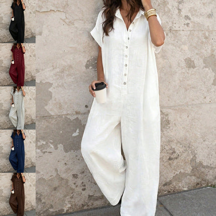 Short Sleeve Button Front Loose Fit Jumpsuit