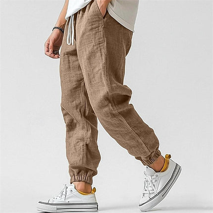 Men's cotton and linen casual plain color comfortable and breathable ankle-length pants