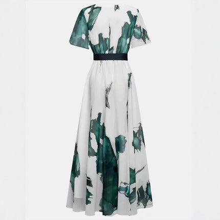 Womens V-Neck Digital Print Drawstring Dress