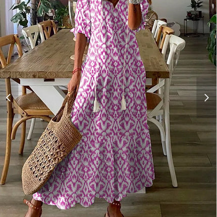 Womens V-Neck Printed Lantern Sleeve Dress